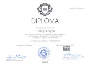 December 14, 2018 - April 28, 2019 assoc. prof. department of PhMM Timanyuk I.V. graduated from the International Mini MBA